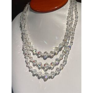 Vintage 50's Triple Strand Aurora Borealis Glass Bead Necklace Faceted Beads